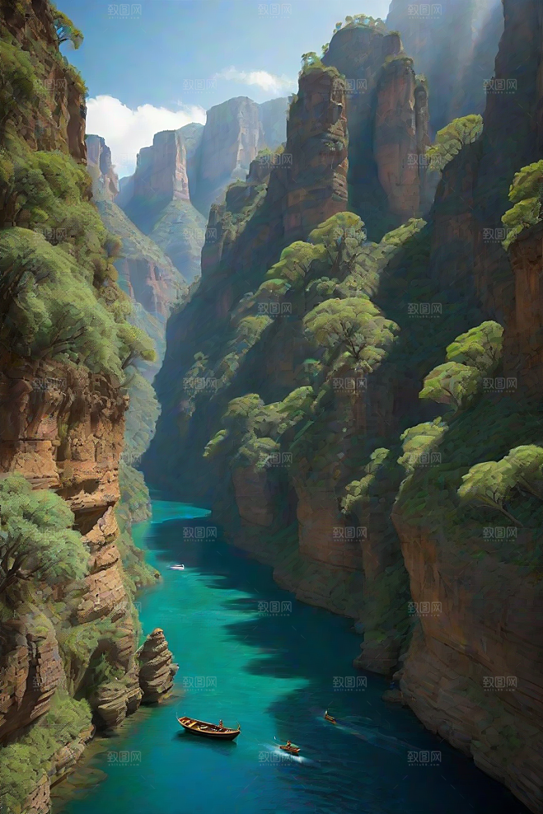 水上远航船只穿越壮丽峡谷的探险之旅