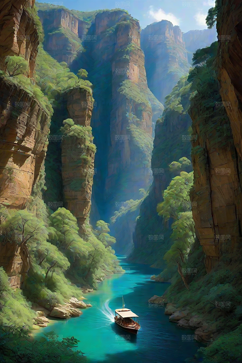 壮丽水景船只徜徉于峡谷的探险与宁静