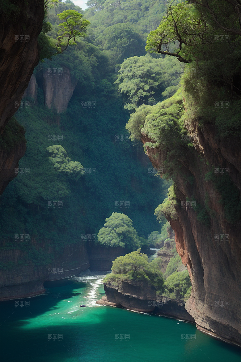 深蓝水域船只驶过的壮丽峡谷之旅