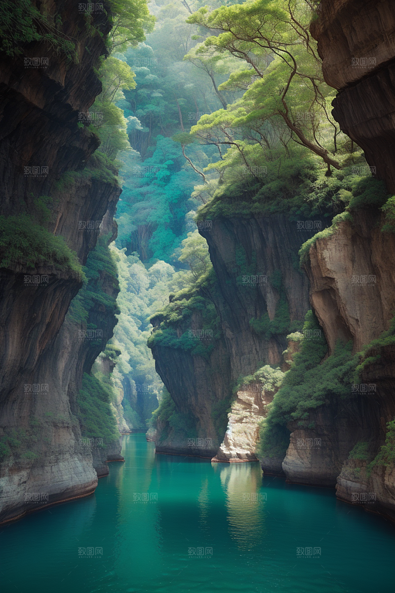 深蓝水域船只驶过的壮丽峡谷之旅