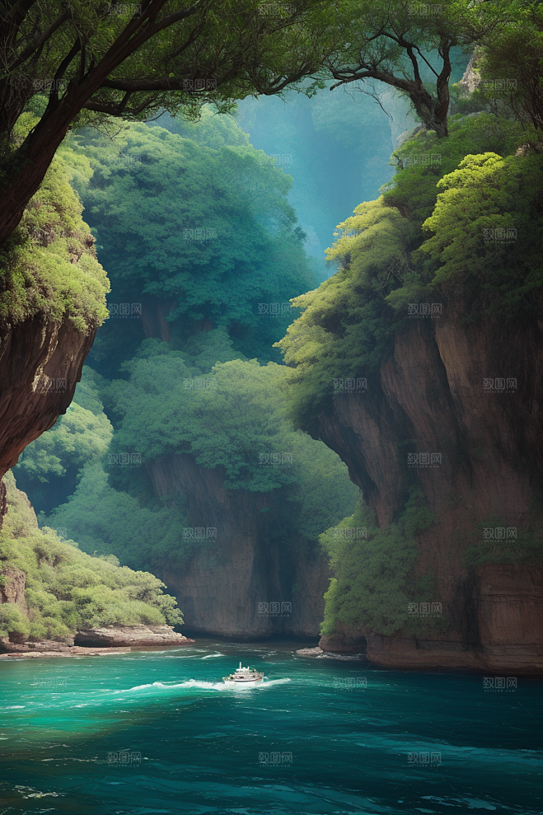 深蓝水域船只驶过的壮丽峡谷之旅