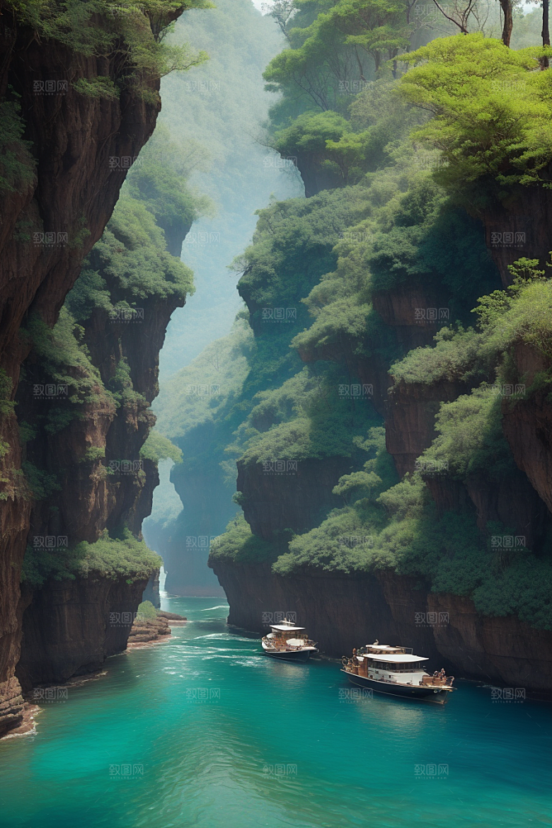 深蓝水域船只驶过的壮丽峡谷之旅