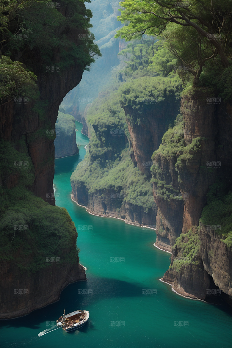 深蓝水域船只驶过的壮丽峡谷之旅