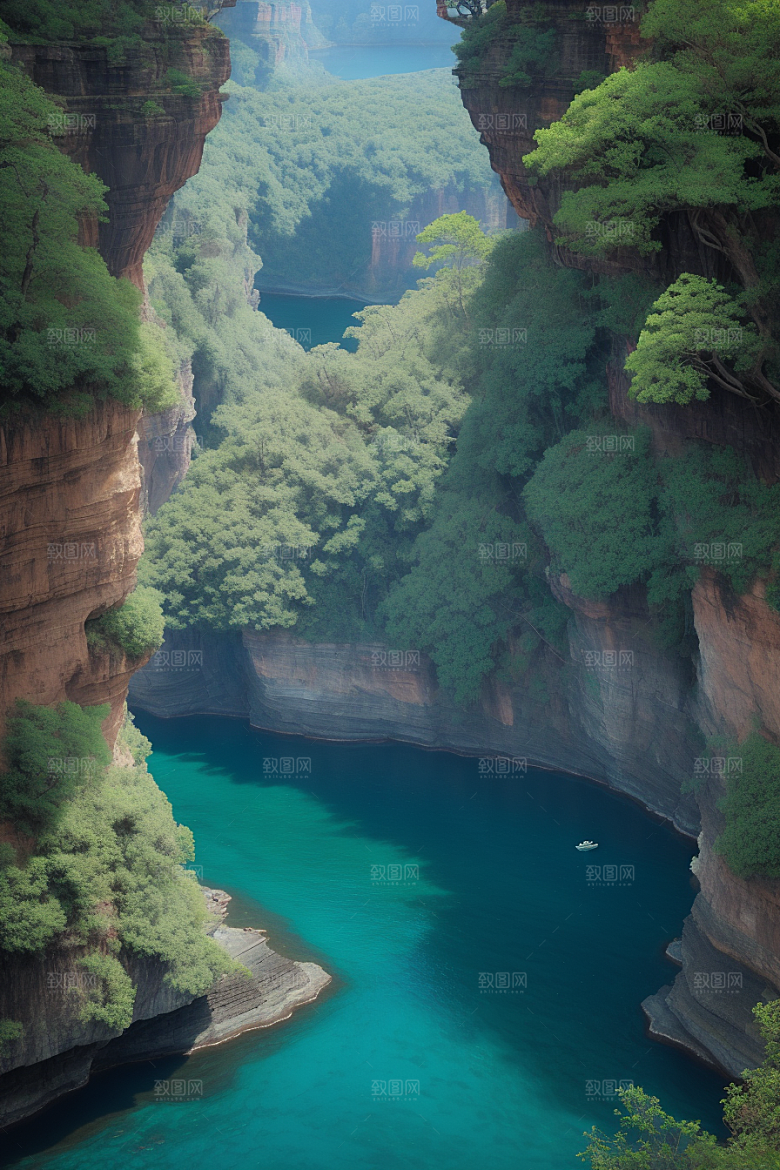 深蓝水域船只驶过的壮丽峡谷之旅