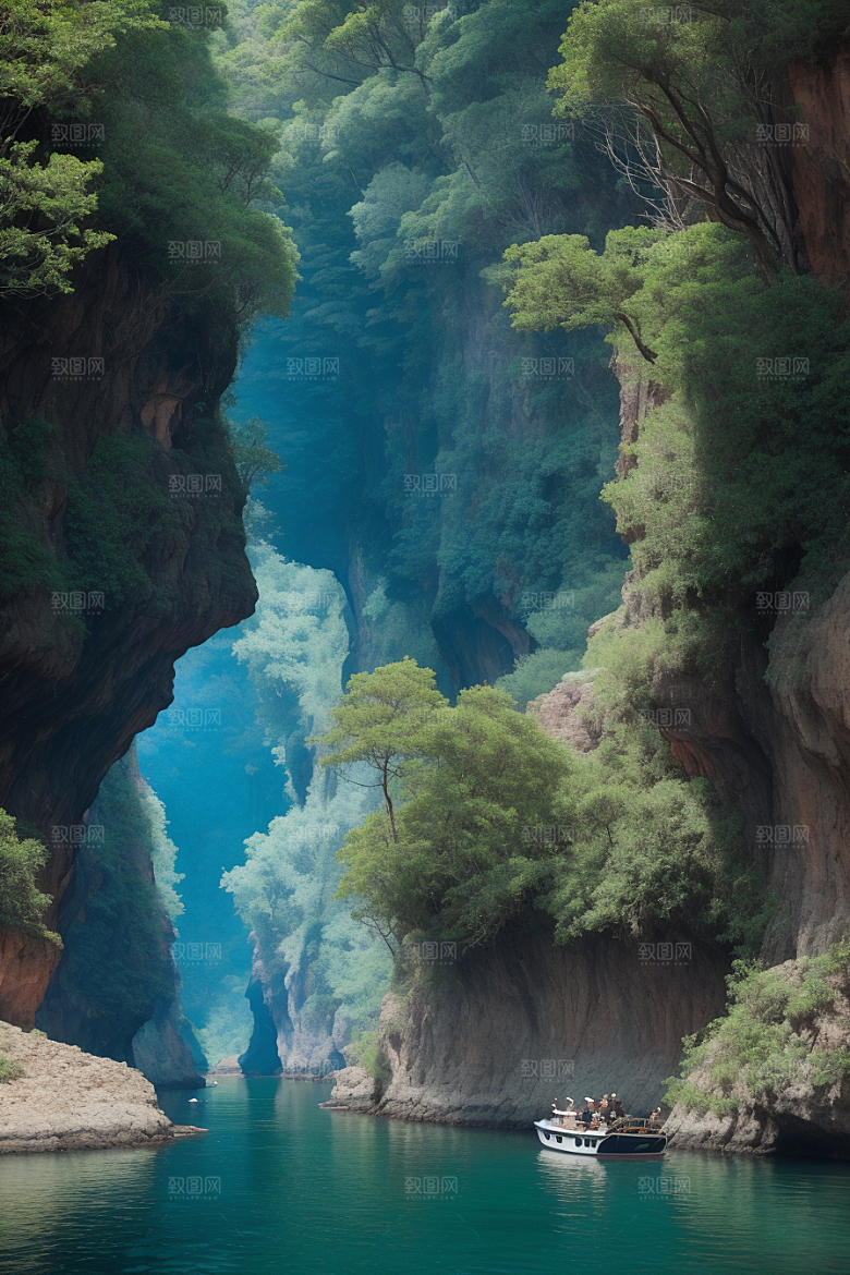 深蓝水域船只驶过的壮丽峡谷之旅