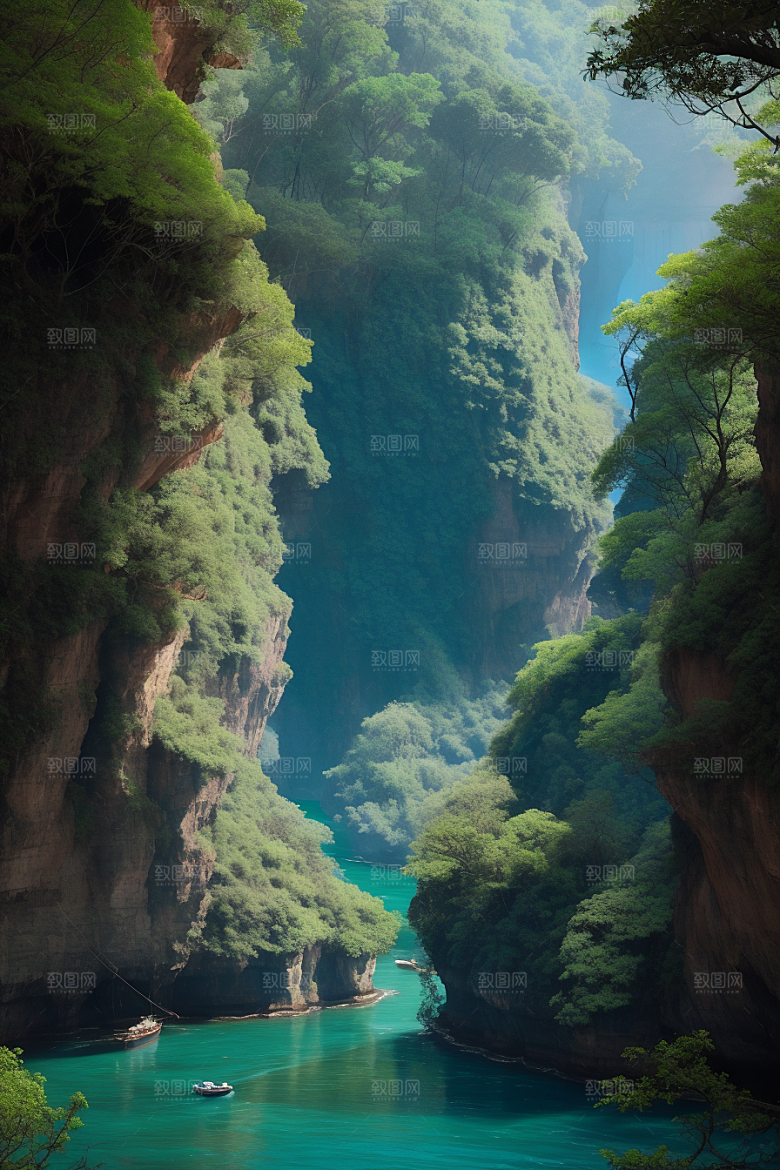 深蓝水域船只驶过的壮丽峡谷之旅