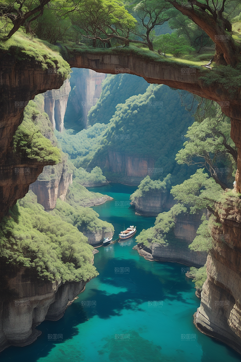 深蓝水域船只驶过的壮丽峡谷之旅