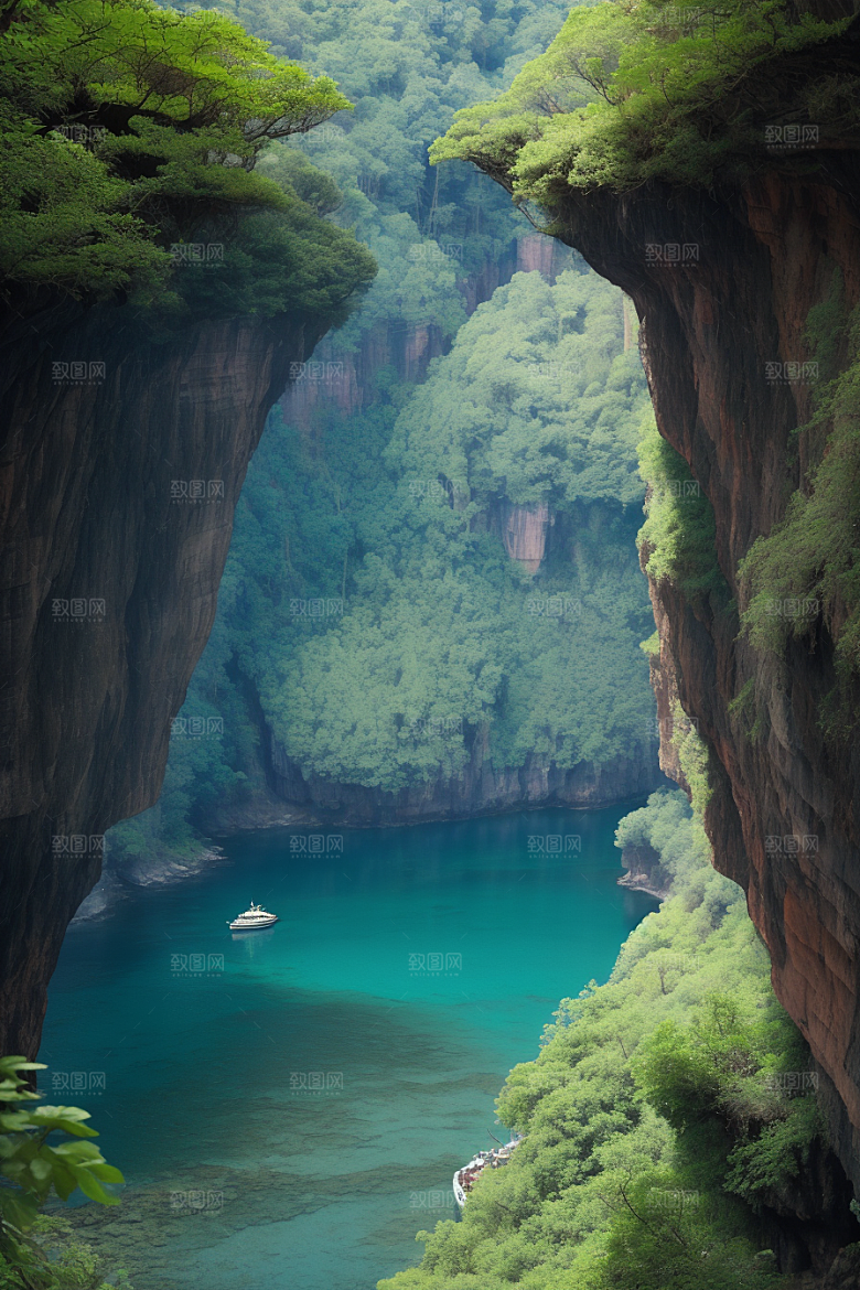 深蓝水域船只驶过的壮丽峡谷之旅