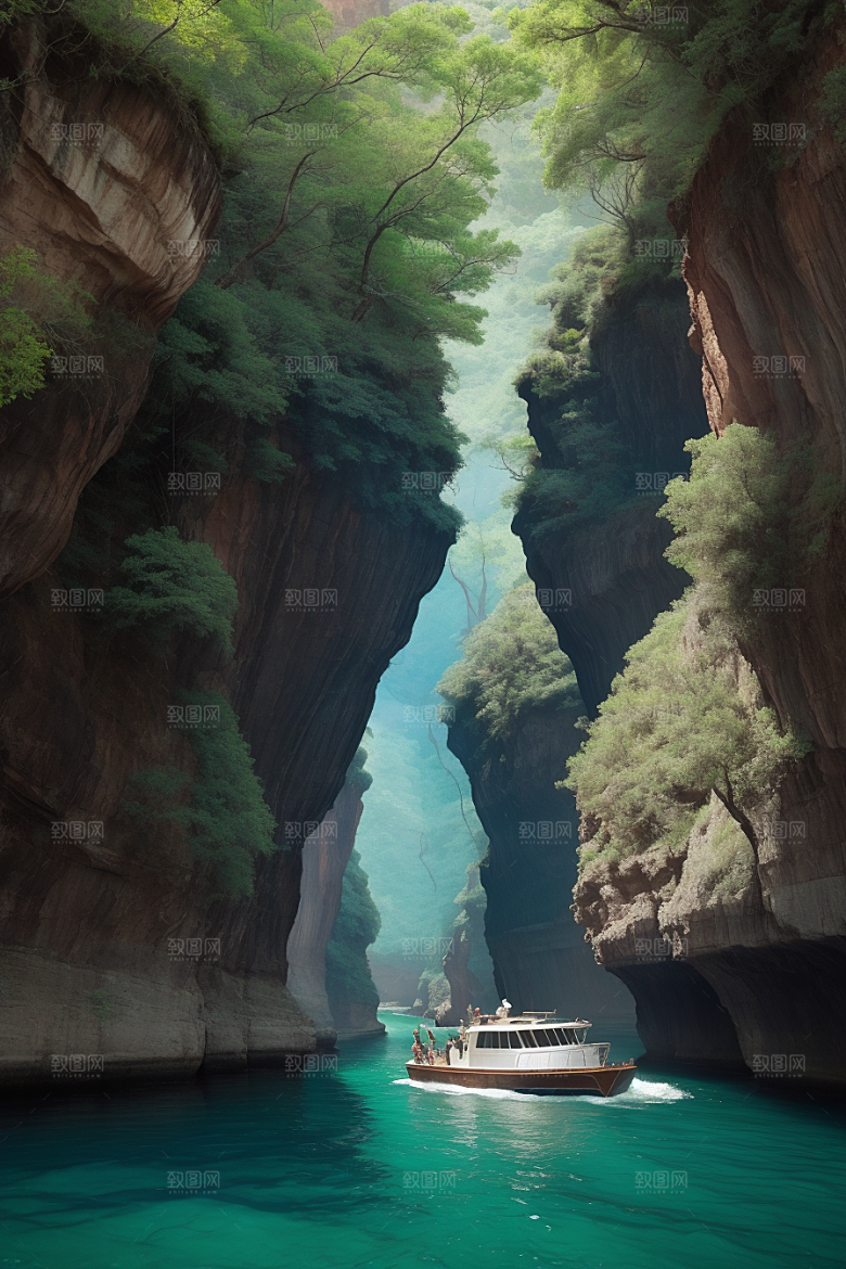 深蓝水域船只驶过的壮丽峡谷之旅