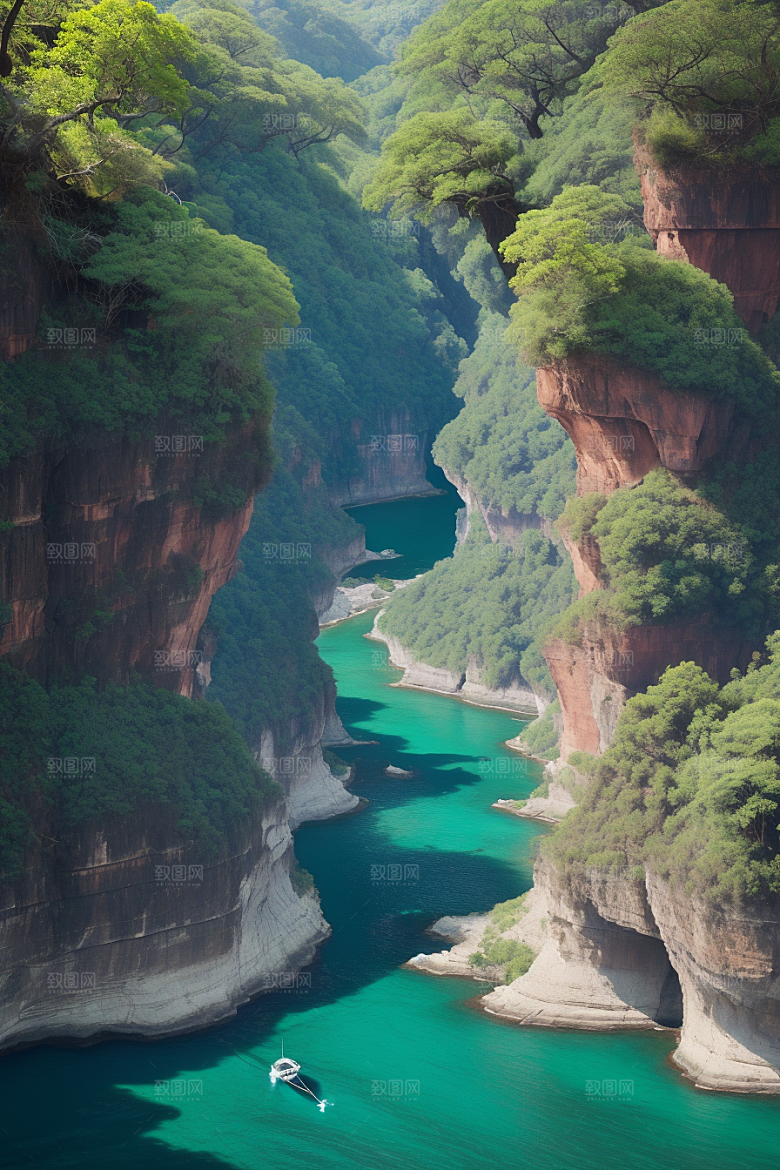 深蓝水域船只驶过的壮丽峡谷之旅