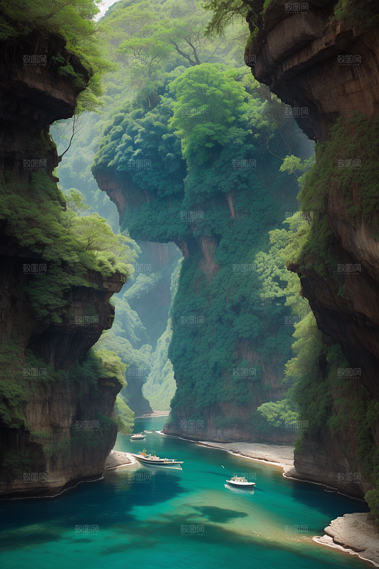 神秘岛屿船只穿越壮丽峡谷的探险之旅