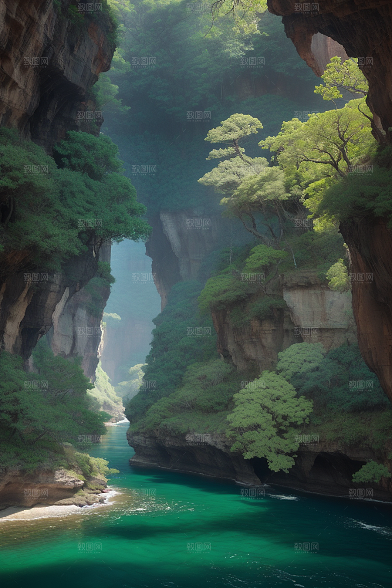 神秘岛屿船只穿越壮丽峡谷的探险之旅