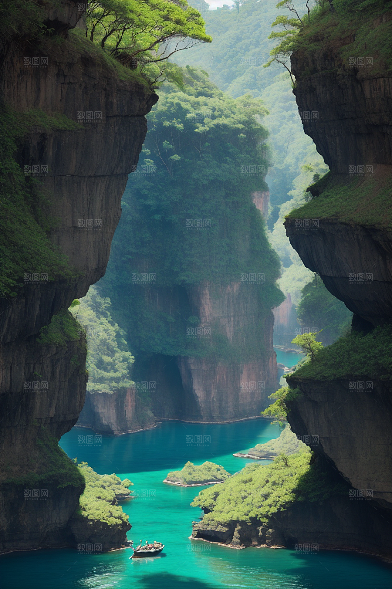 神秘岛屿船只穿越壮丽峡谷的探险之旅