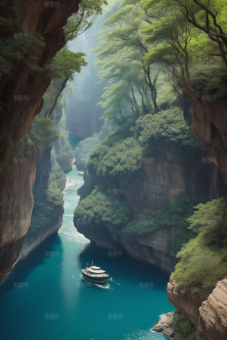 神秘岛屿船只穿越壮丽峡谷的探险之旅