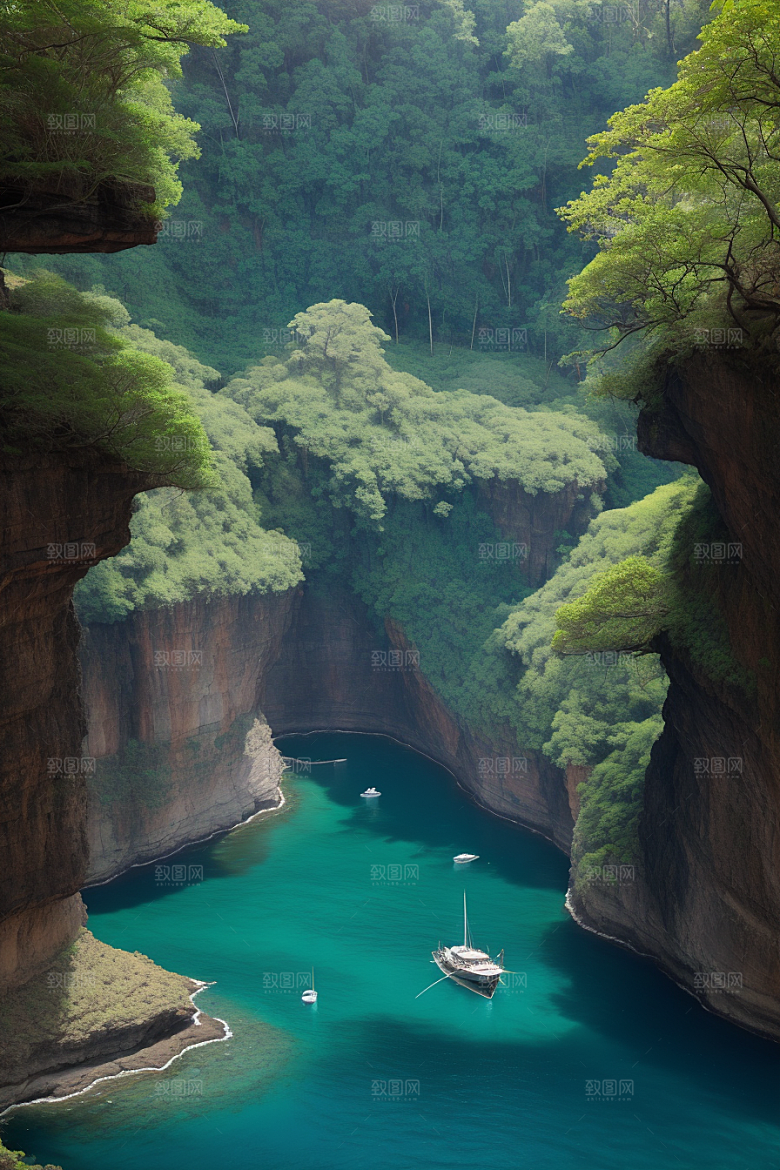 神秘岛屿船只穿越壮丽峡谷的探险之旅
