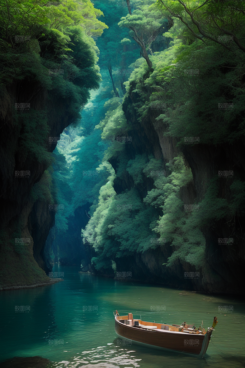 神秘岛屿船只穿越壮丽峡谷的探险之旅