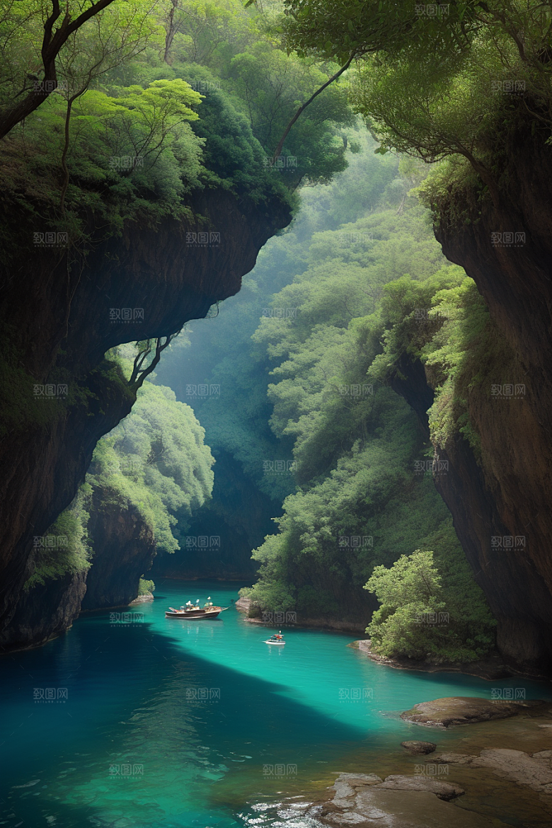 神秘岛屿船只穿越壮丽峡谷的探险之旅