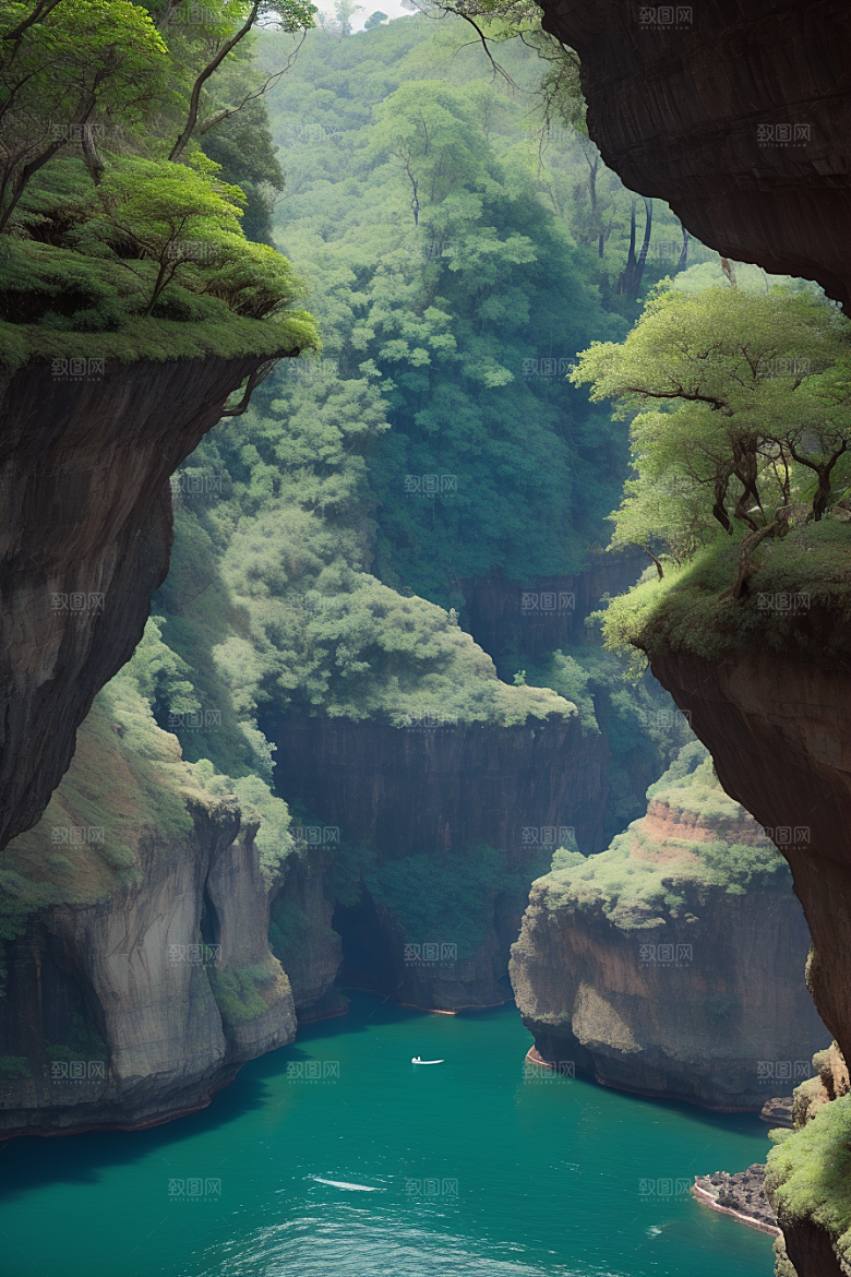 神秘岛屿船只穿越壮丽峡谷的探险之旅