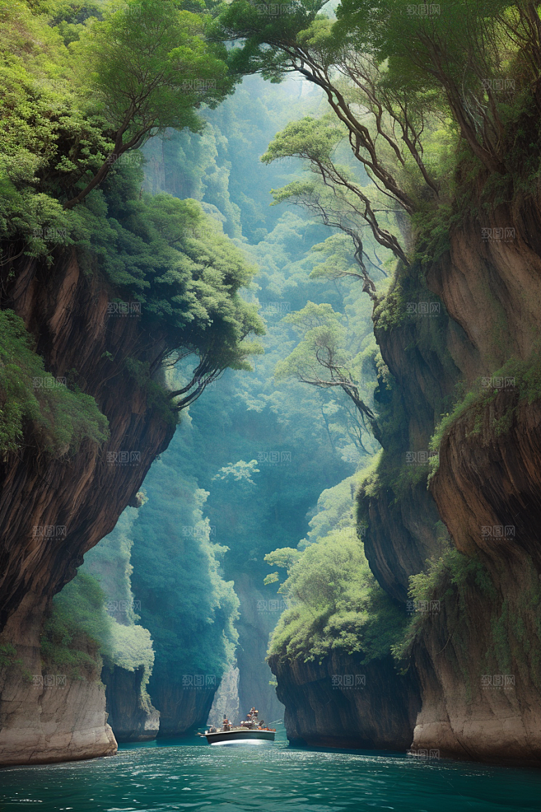神秘岛屿船只穿越壮丽峡谷的探险之旅