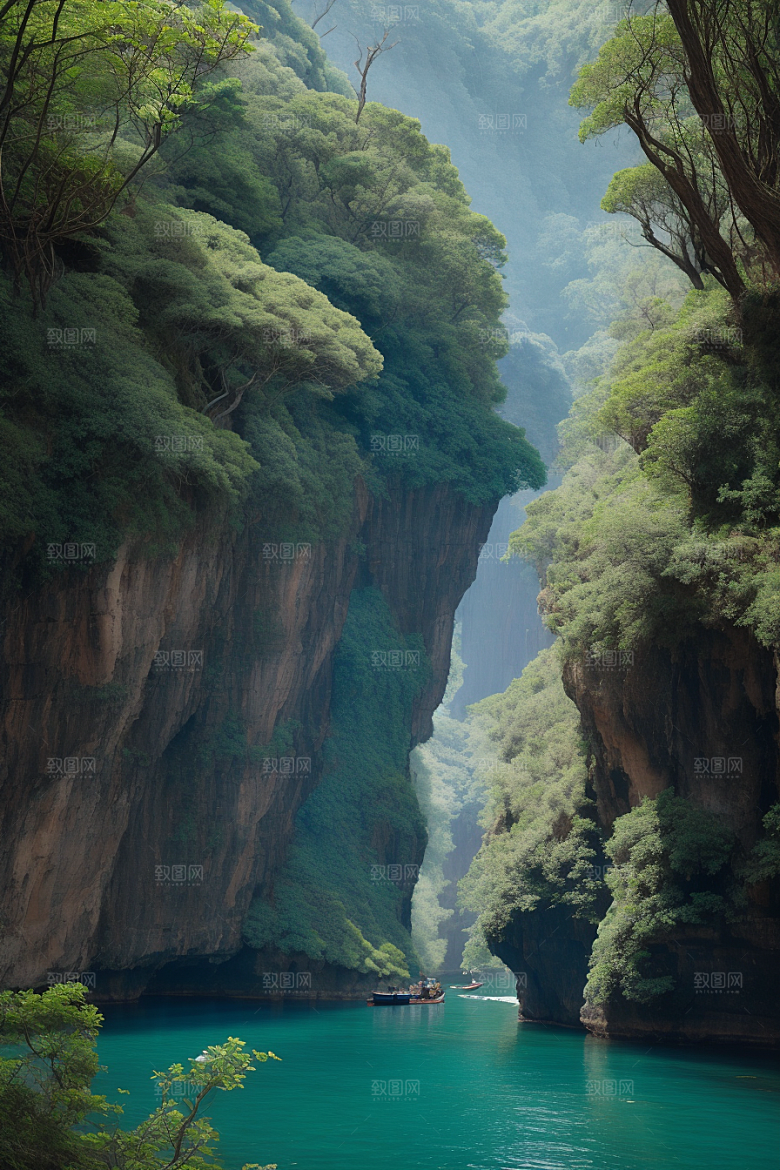 神秘岛屿船只穿越壮丽峡谷的探险之旅