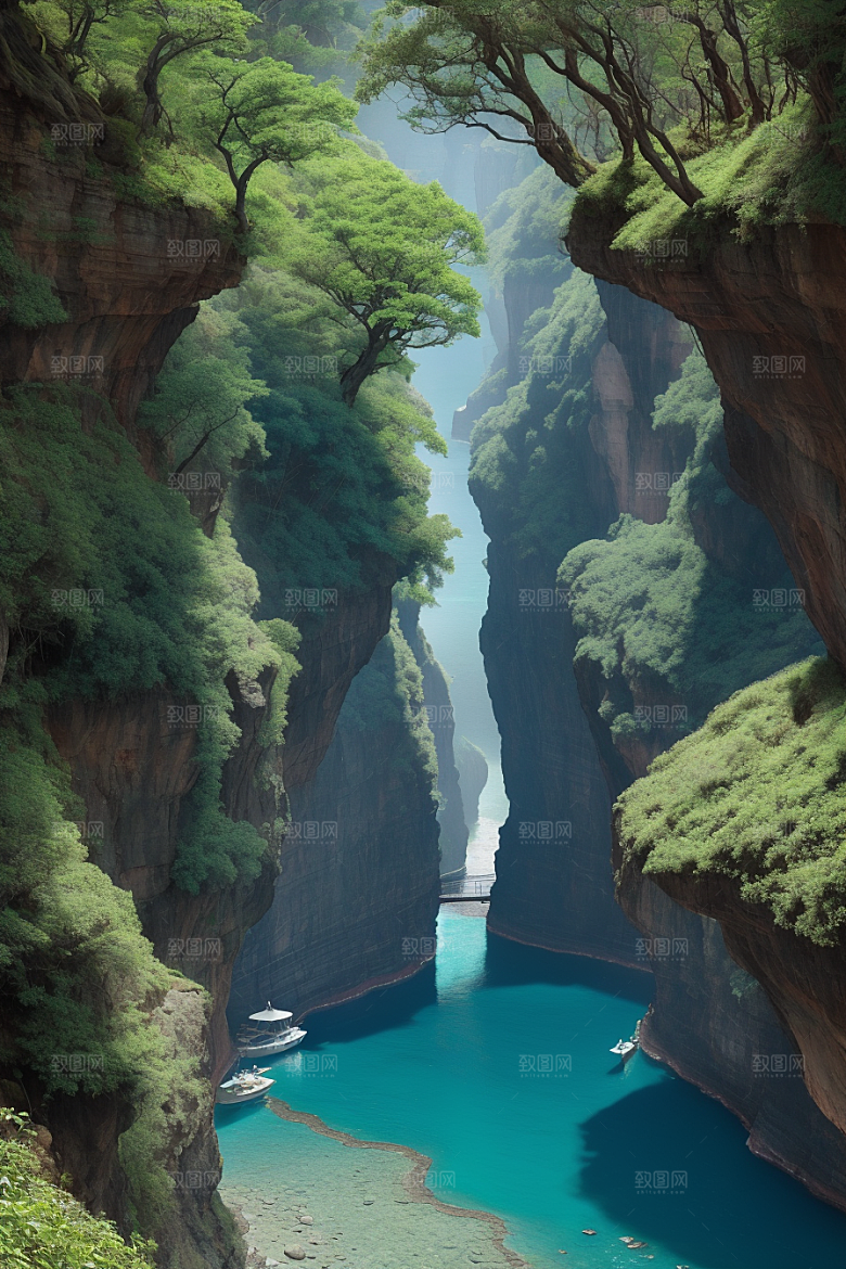 神秘岛屿船只穿越壮丽峡谷的探险之旅