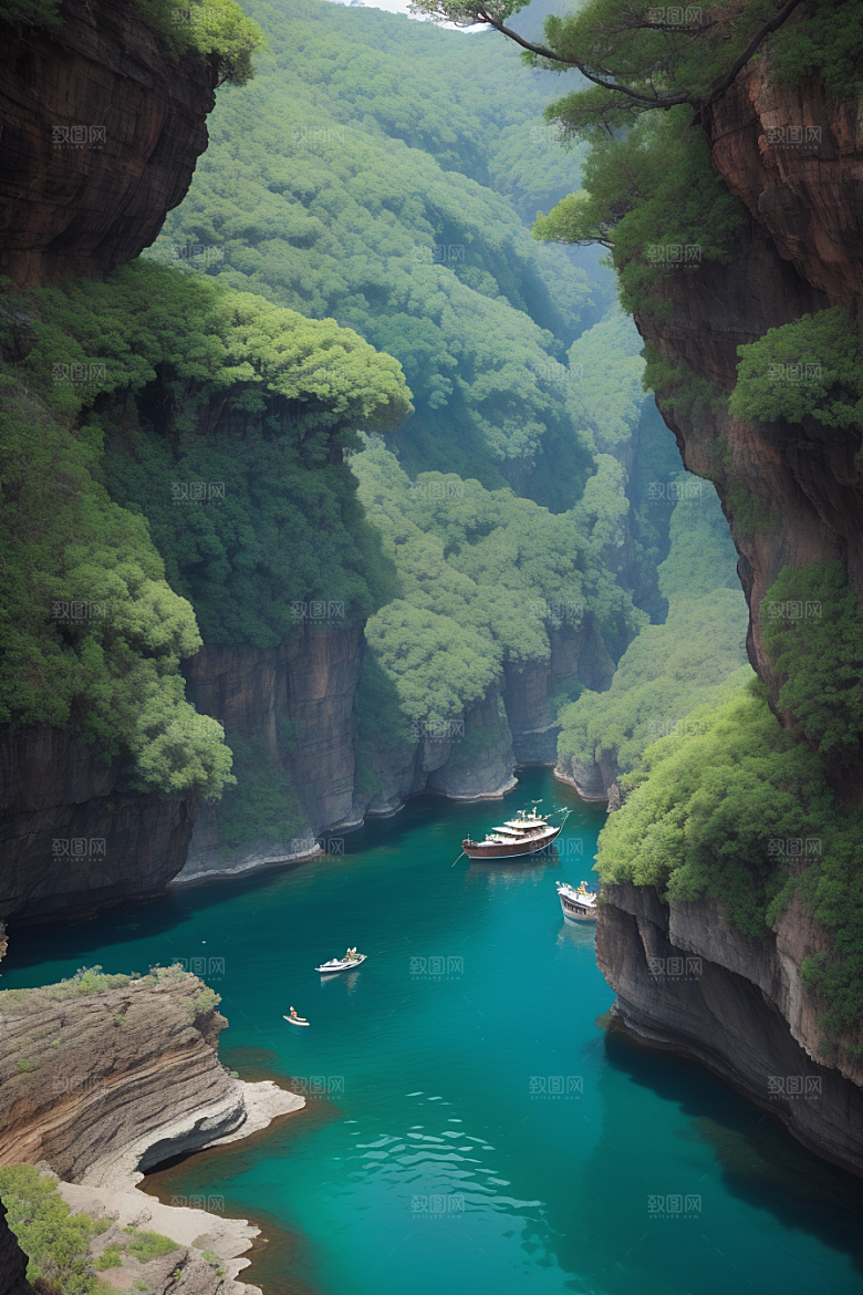 神秘岛屿船只穿越壮丽峡谷的探险之旅
