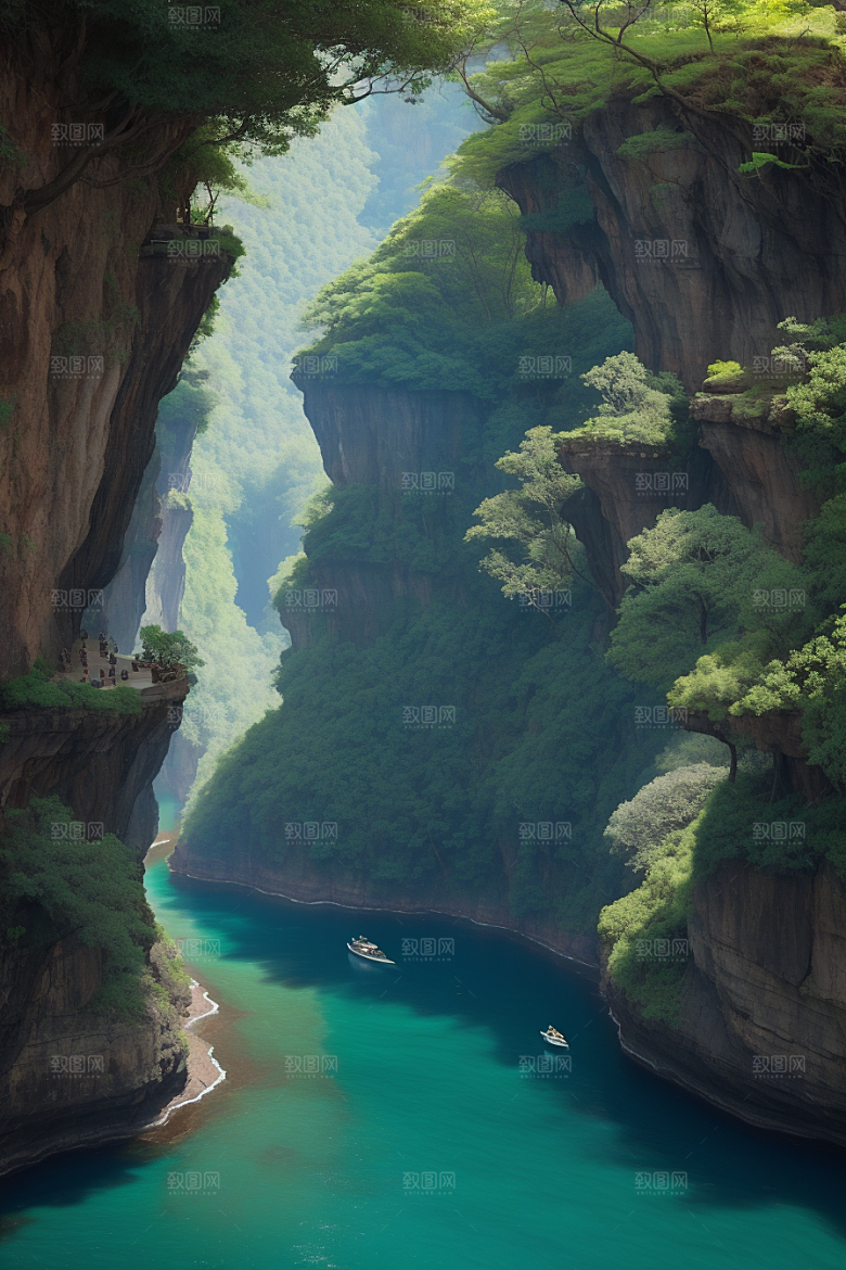 水上远航船只穿越壮丽峡谷的探险之旅
