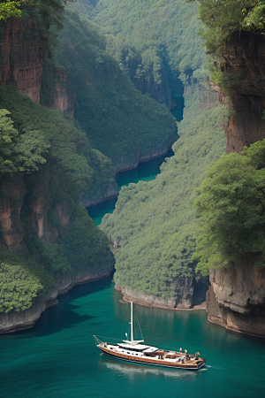 水上远航船只穿越壮丽峡谷的探险之旅