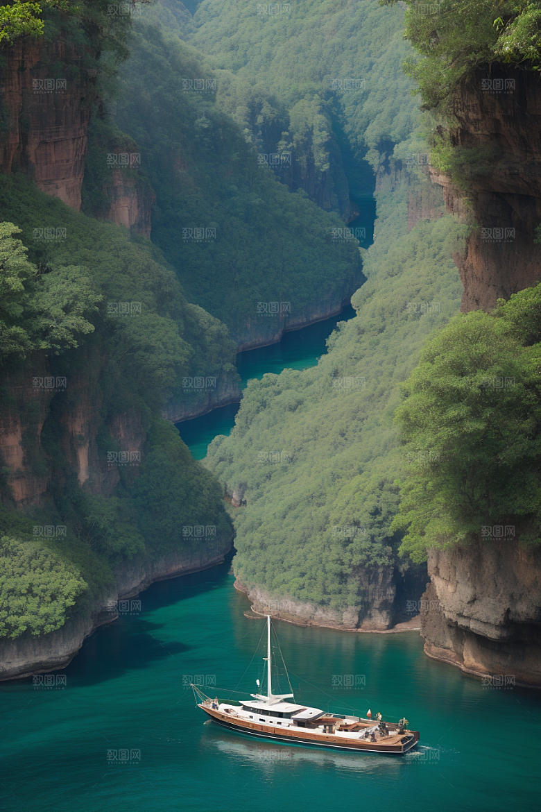 水上远航船只穿越壮丽峡谷的探险之旅