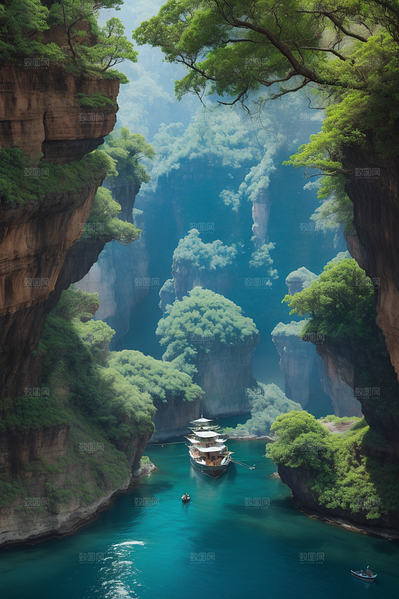 水上远航船只穿越壮丽峡谷的探险之旅