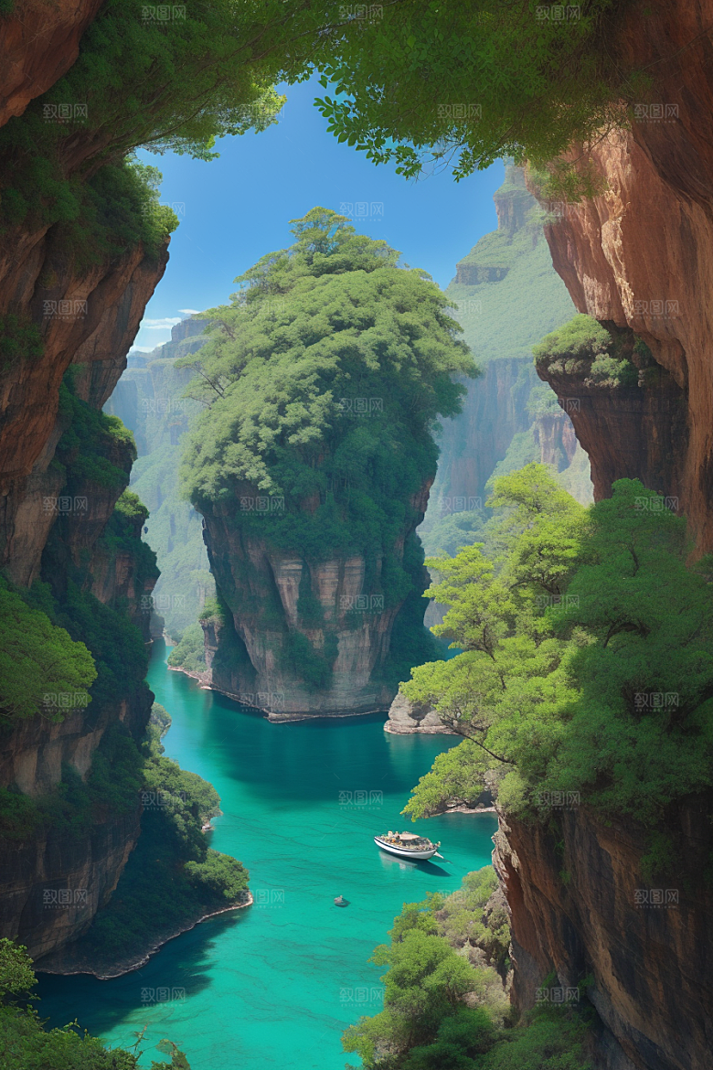 水上远航船只穿越壮丽峡谷的探险之旅