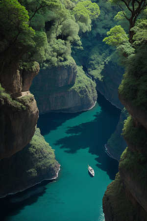 水上远航船只穿越壮丽峡谷的探险之旅