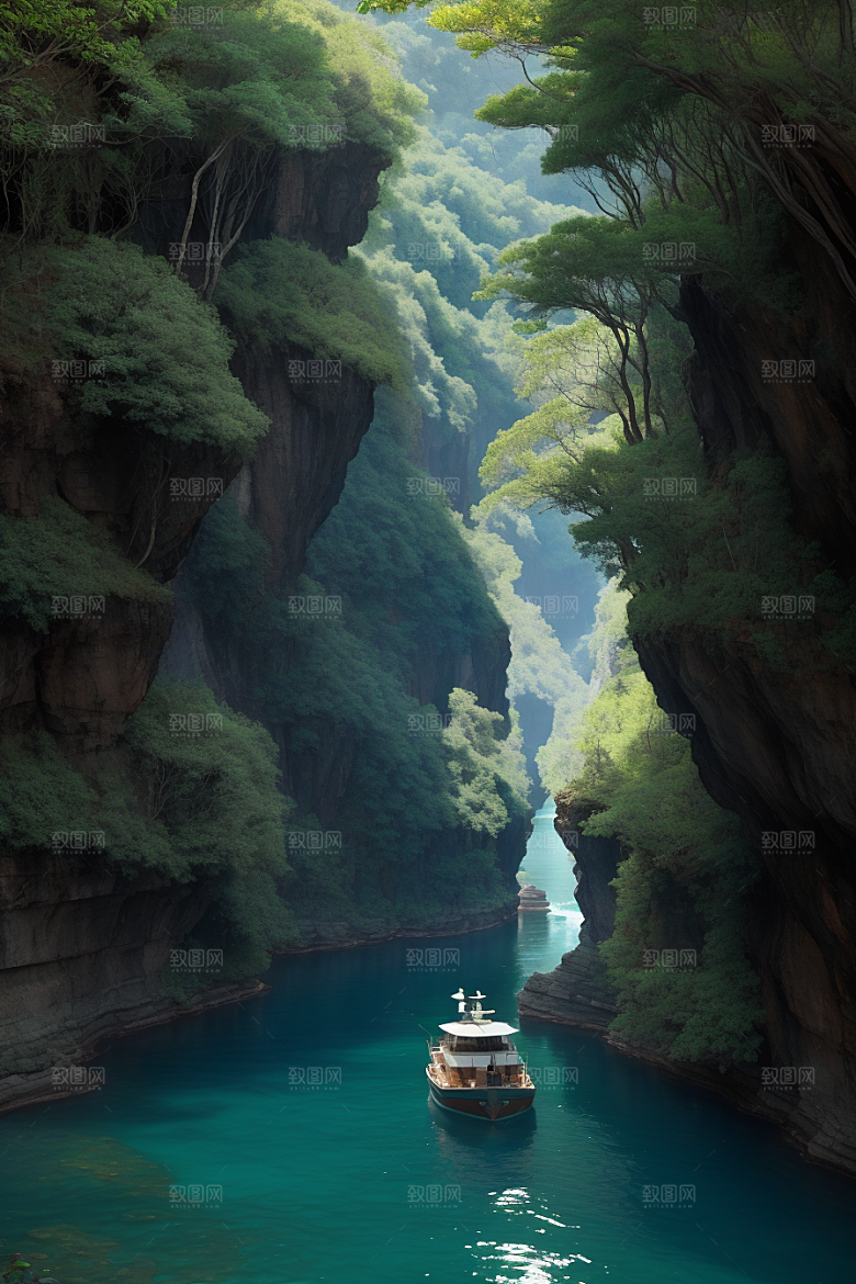 水上远航船只穿越壮丽峡谷的探险之旅