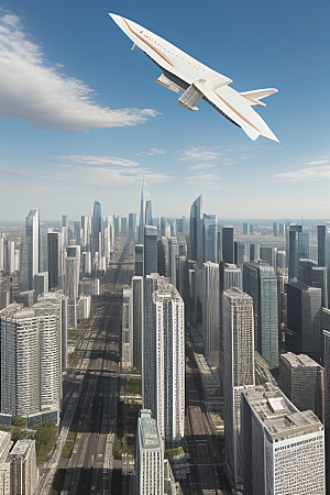 都市摩天高楼大厦与飞机的融合景观