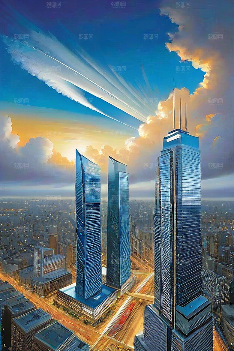 蓝天摩天高楼大厦与飞机的现代风景