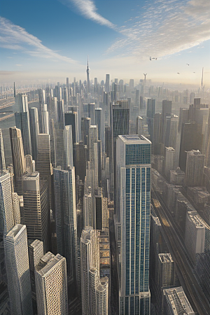 蓝天摩天高楼大厦与飞机的现代风景