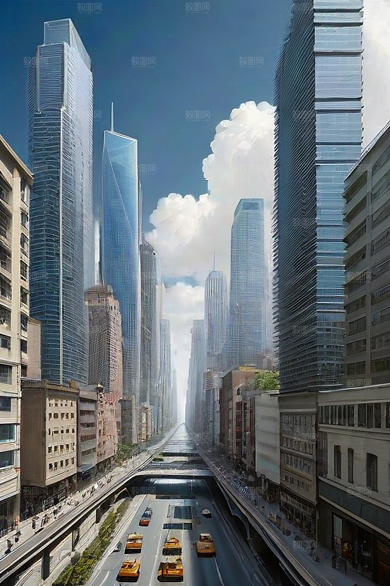 蓝天摩天高楼大厦与飞机的现代风景