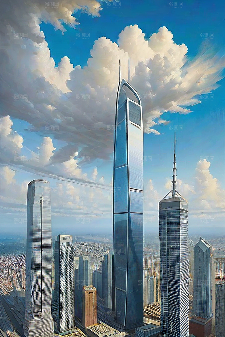 蓝天摩天高楼大厦与飞机的现代风景