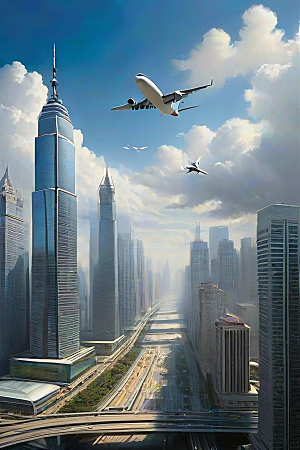 都市飞越高楼大厦与飞机的融合探险