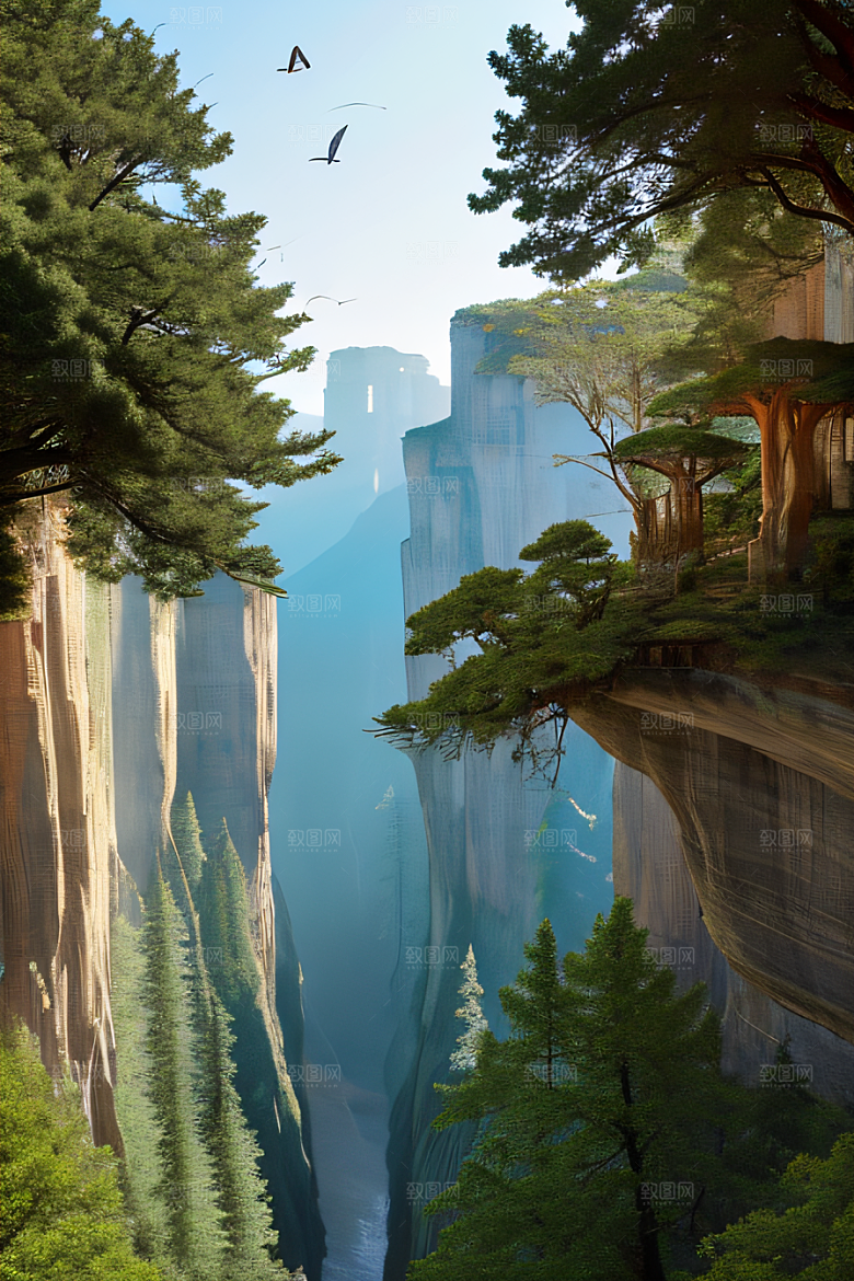 鸟鸣峡谷山石巍峨树木掩映的壮丽景观