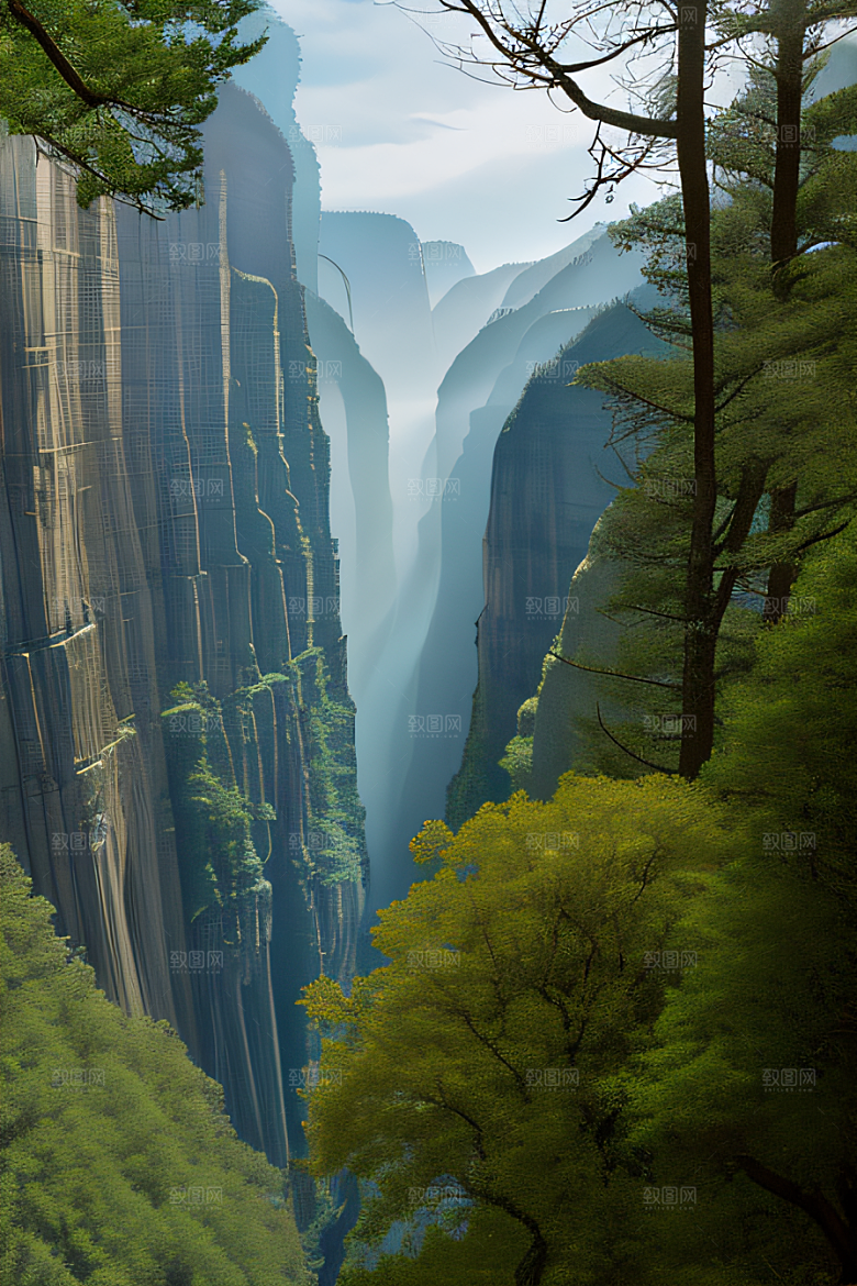 鸟鸣峡谷山石巍峨树木掩映的壮丽景观