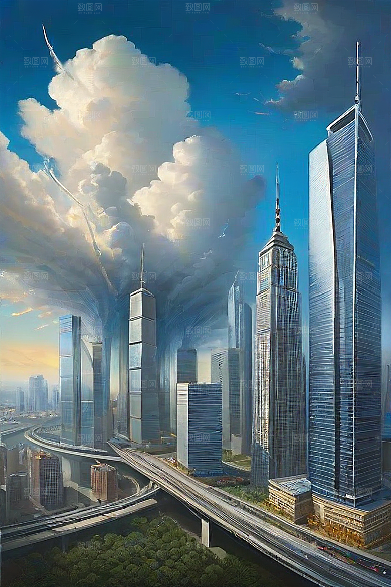 飞翔摩天都市景观中的高楼大厦与飞机