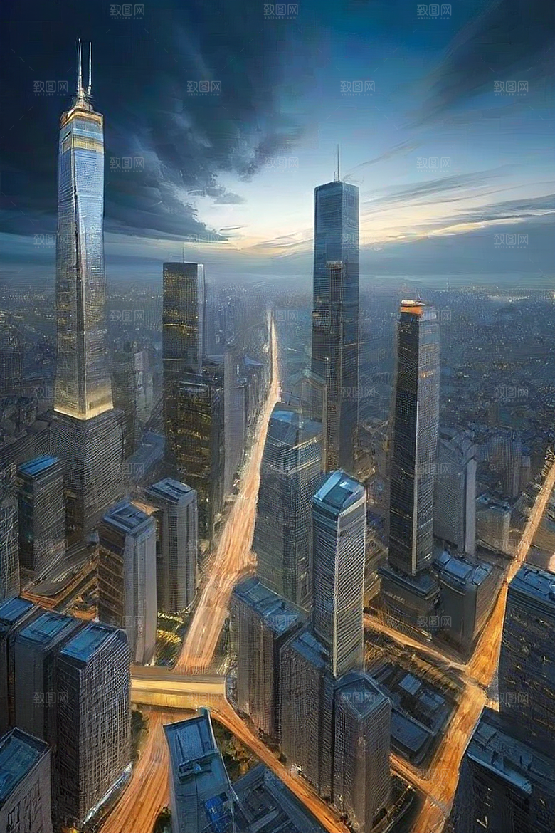 飞翔摩天都市景观中的高楼大厦与飞机