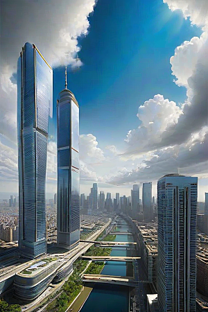 飞翔摩天都市景观中的高楼大厦与飞机