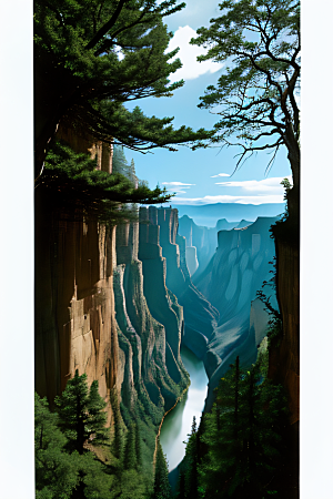 雄伟景观鸟翔山间山石树木间的壮丽与宁静