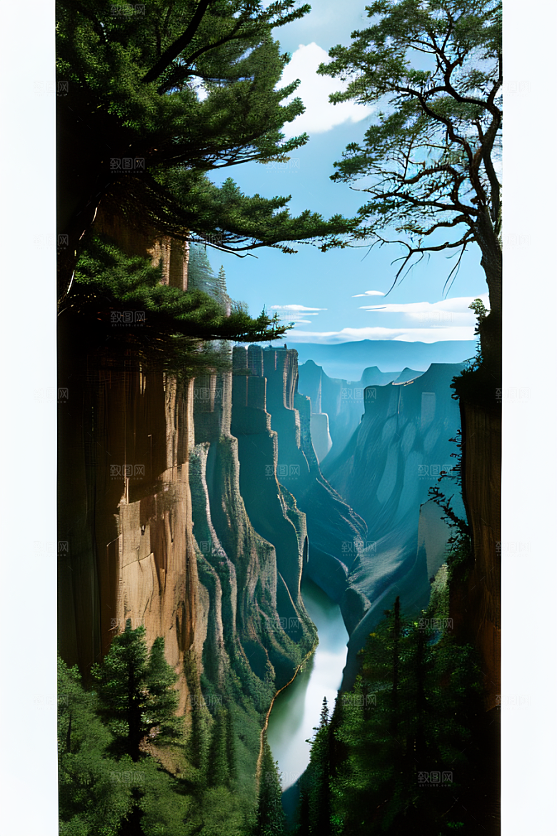 雄伟景观鸟翔山间山石树木间的壮丽与宁静