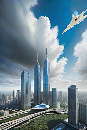 飞翔摩天都市景观中的高楼大厦与飞机