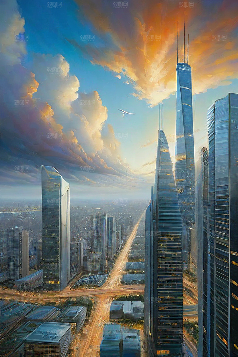 飞翔摩天都市景观中的高楼大厦与飞机