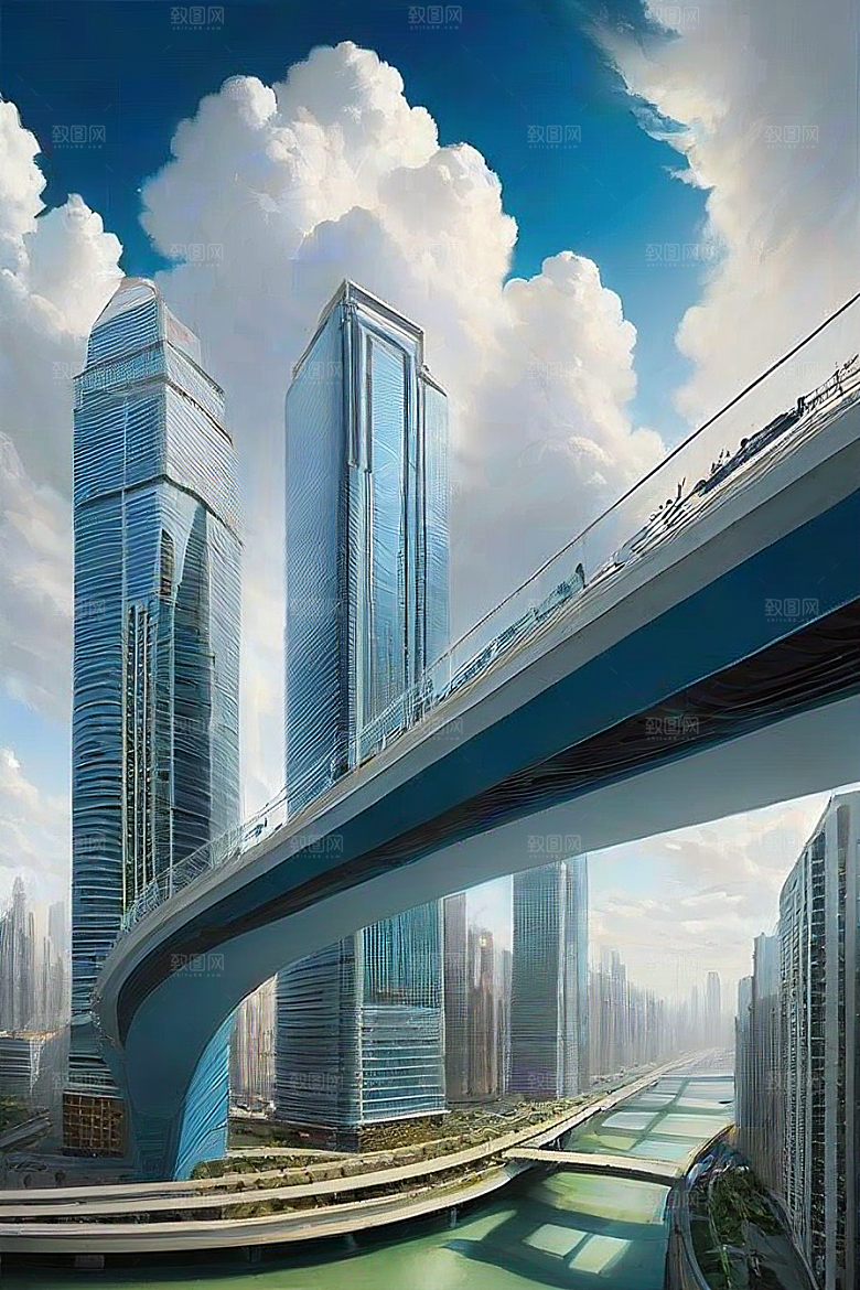 飞翔摩天都市景观中的高楼大厦与飞机