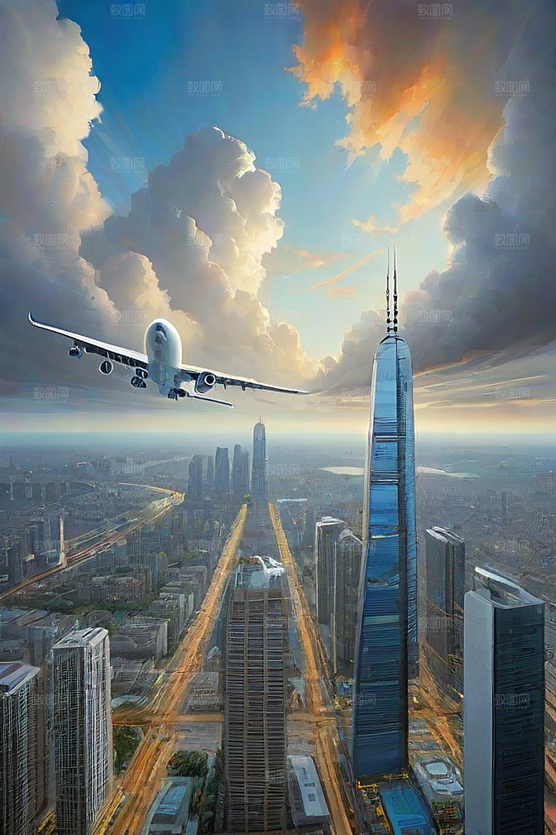 飞翔摩天都市景观中的高楼大厦与飞机